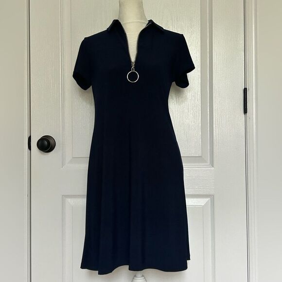 MSK Petite Women’s Navy Blue Short Sleeve Pullover Dress Silver Ring  Small - Picture 2 of 11